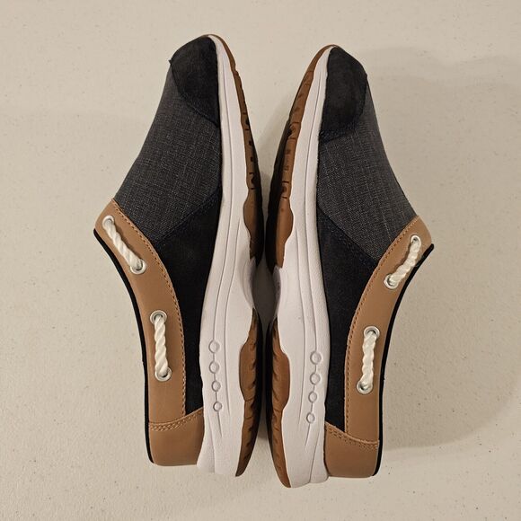 Easy Spirit Saddle Leather and Navy Travelport Denim Clogs Slip‎ On 11 M NWOT - Picture 4 of 9